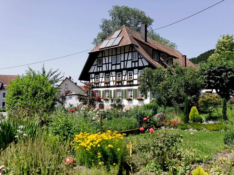 Ein traditionelles Fachwerkhaus mit Blumen im Vordergrund steht inmitten eines grünen, gepflegten Gartens.