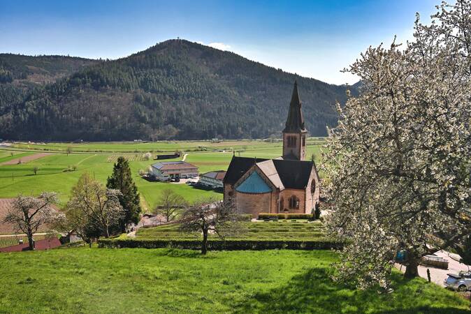 Eine malerische Kirche steht inmitten grüner Felder und blühender Bäume vor einer bewaldeten Hügelkulisse.