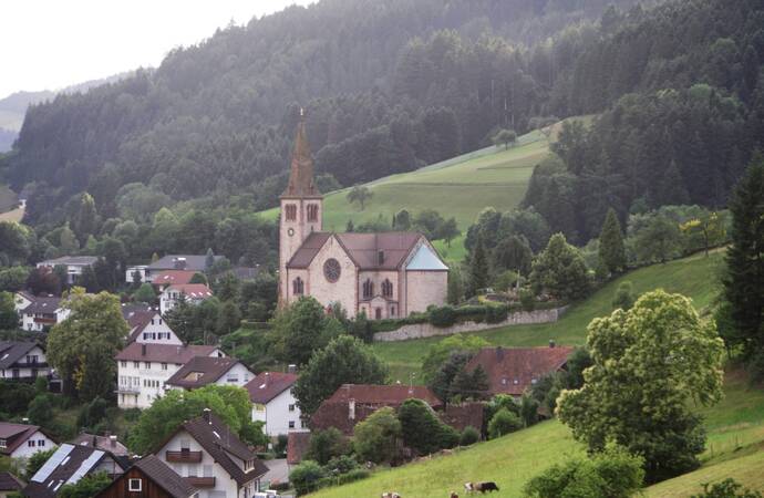 Die Abbildung zeigt eine Kirche mit einem hohen Turm, umgeben von Häusern und einem bewaldeten Hügel im Hintergrund.