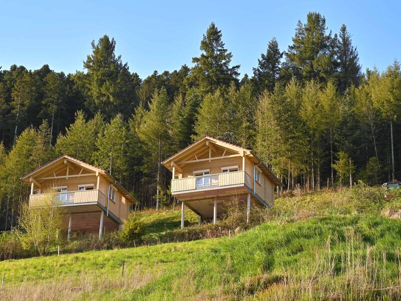 Zwei Holzchalets stehen auf Stelzen an einem grünen, bewaldeten Hang unter klarem Himmel.
