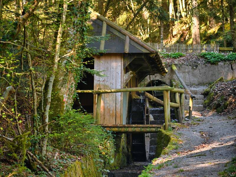 Ein hölzernes Wasserrad steht in einem bewaldeten Bereich neben einem schmalen Weg.